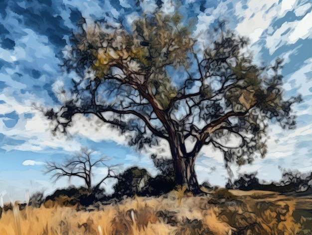 Uma pintura de uma árvore no deserto.