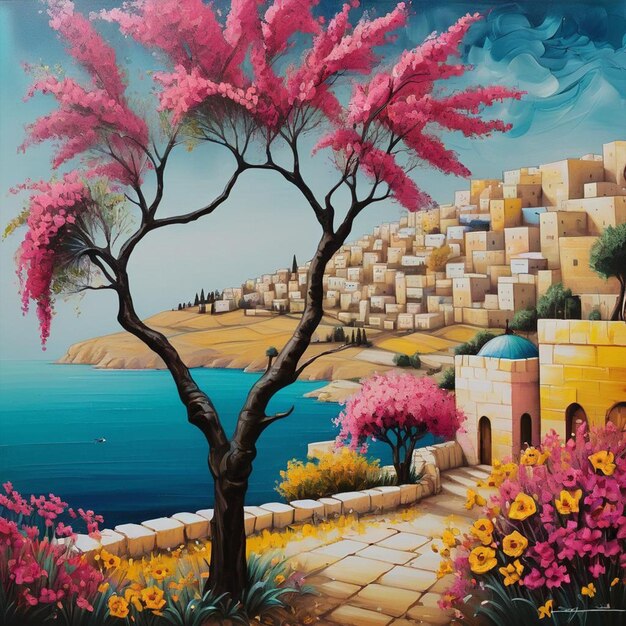 Foto uma pintura de uma árvore rosa com flores amarelas e um edifício ao fundo