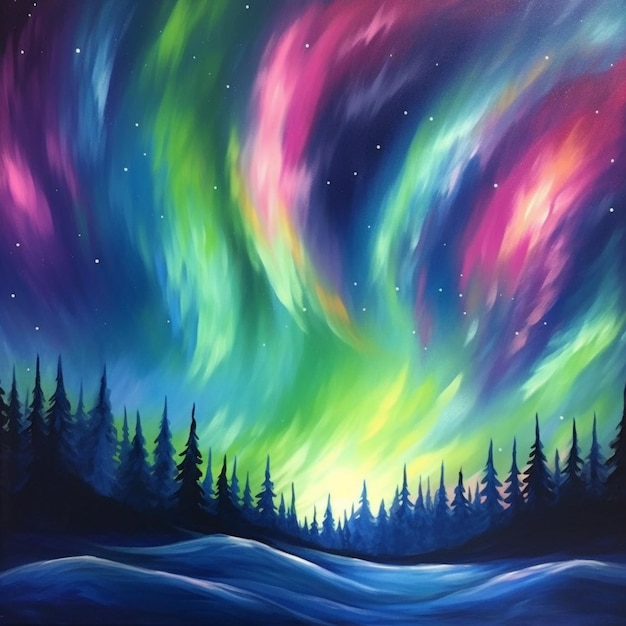 Uma pintura de uma aurora boreal com árvores e neve generativa ai