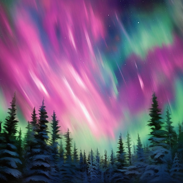 Uma pintura de uma aurora boreal da aurora boreal sobre uma floresta de árvores.