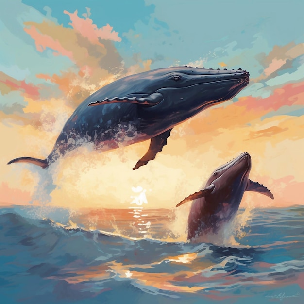 Uma pintura de uma baleia e um filhote de baleia pulando para fora da água.
