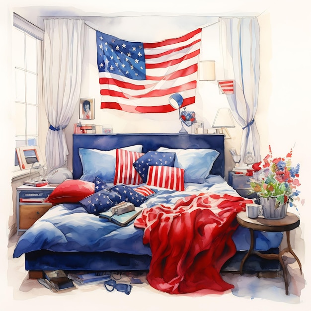 uma pintura de uma bandeira americana em um quarto com uma cama e uma janela com um sofá listrado azul e branco