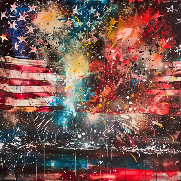 uma pintura de uma bandeira com as palavras " fogos de artifício "