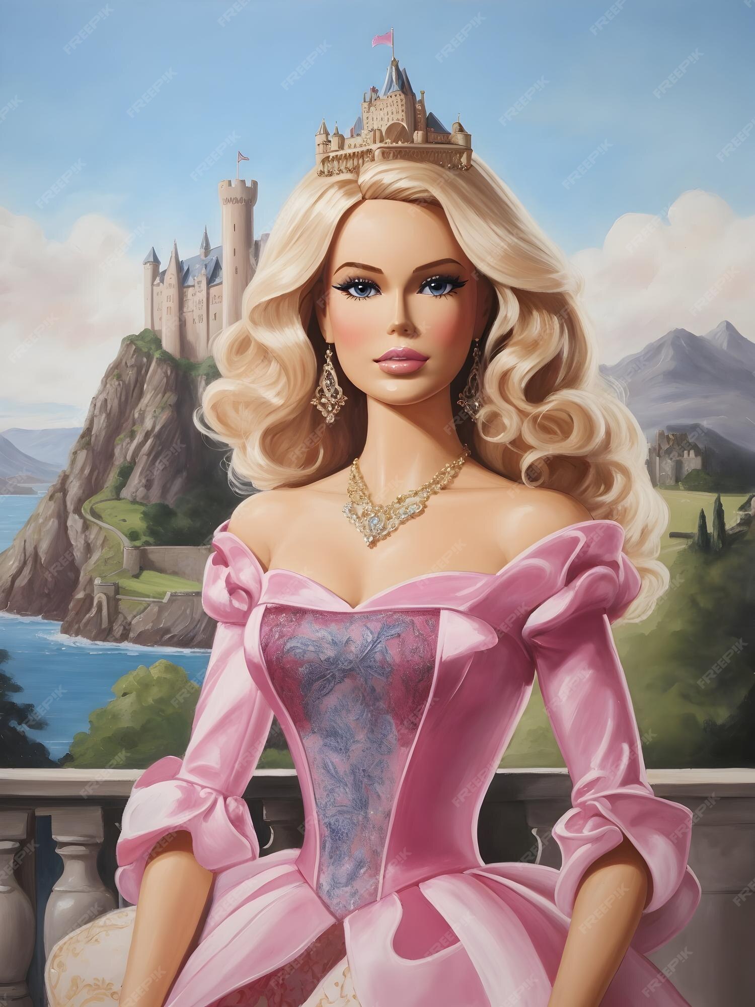 Uma pintura de uma barbie halwon com um castelo ao fundo