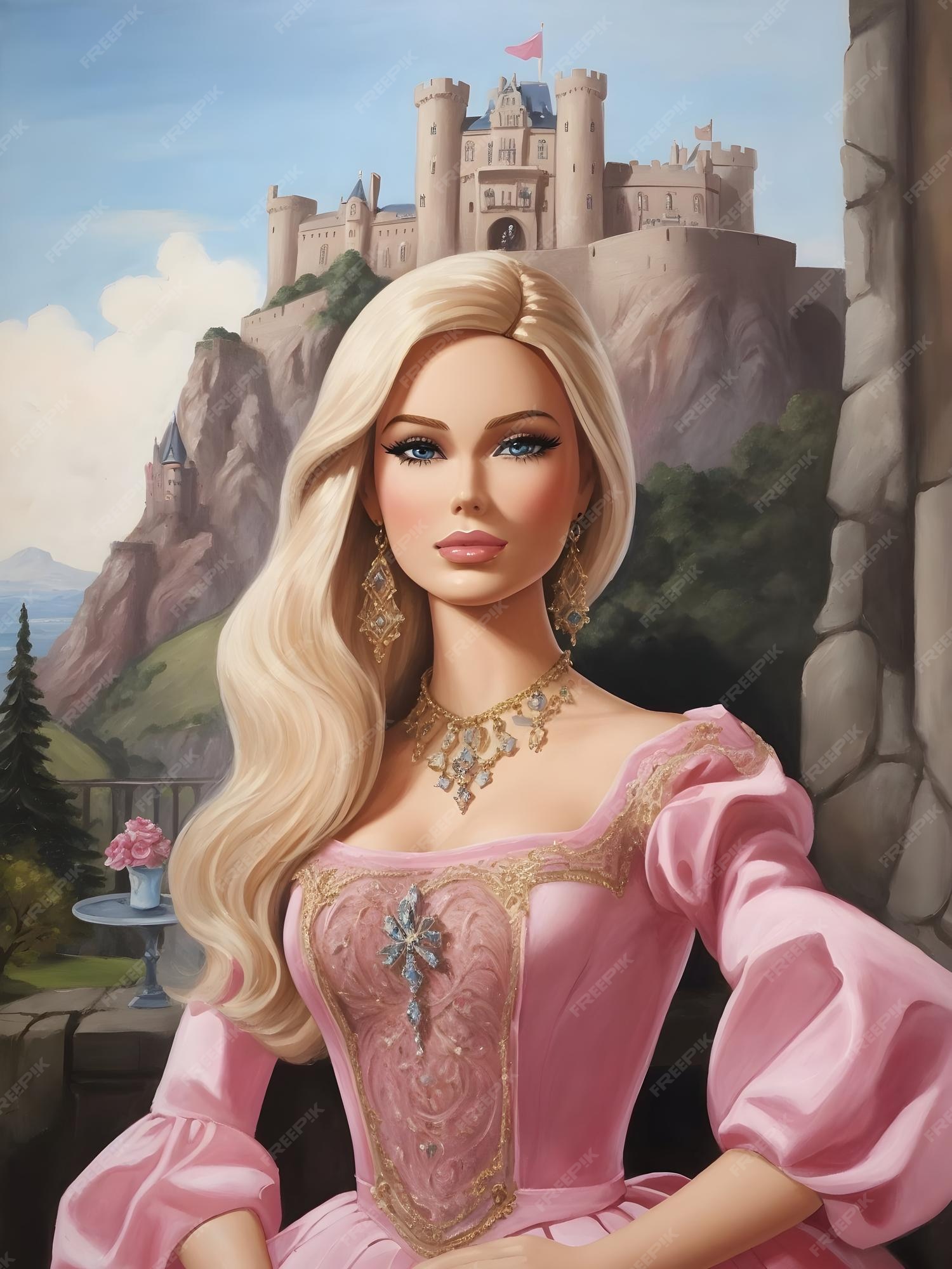 Uma pintura de uma barbie halwon com um castelo ao fundo