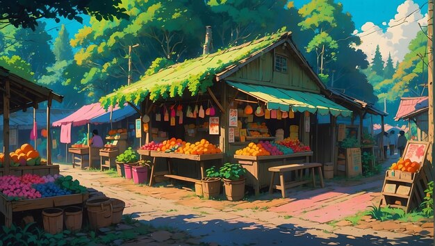 uma pintura de uma barraca de frutas com um sinal que diz "fria"