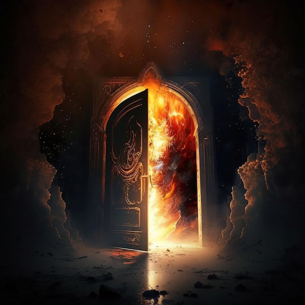 Uma pintura de uma bola de fogo com uma porta aberta e chamas no fundo.