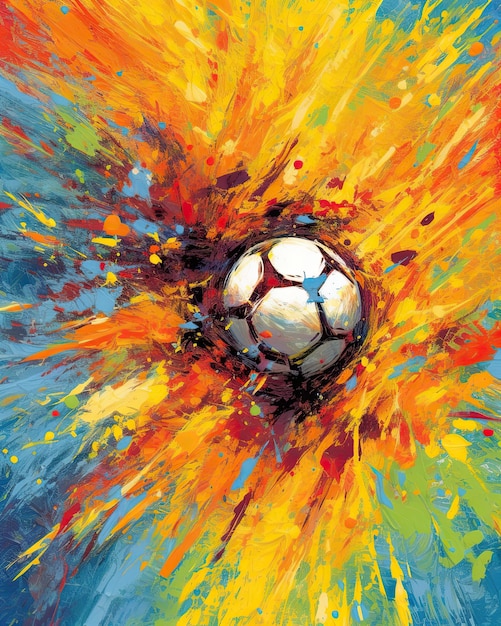 Uma pintura de uma bola de futebol com fundo azul e amarelo.