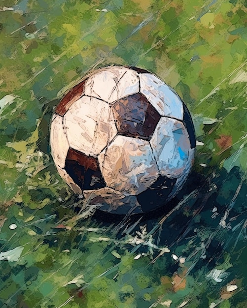Uma pintura de uma bola de futebol em um campo de grama.
