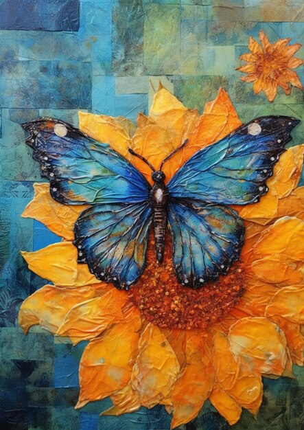 Uma pintura de uma borboleta azul com um girassol amarelo nela.