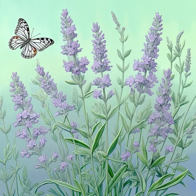 uma pintura de uma borboleta voando sobre flores de lavanda