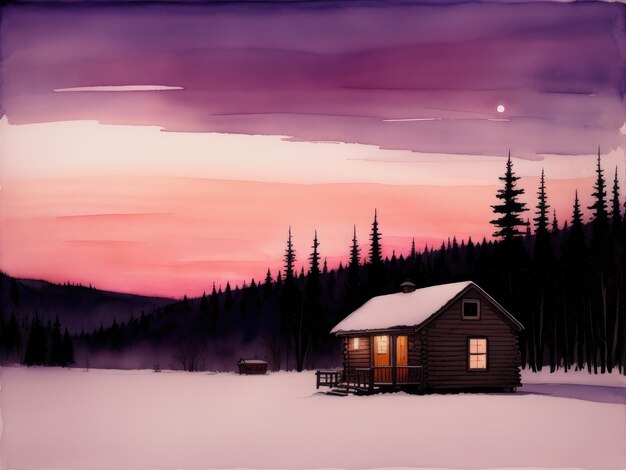 Uma pintura de uma cabana em uma floresta de neve com um pôr do sol ao fundo