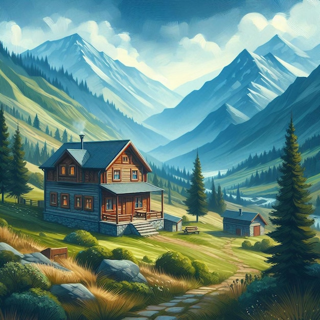 uma pintura de uma cabana em uma paisagem de montanha