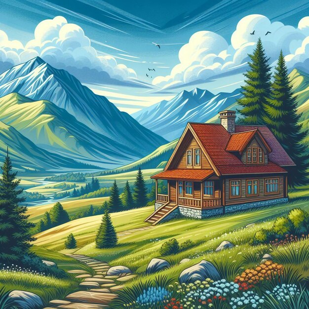 uma pintura de uma cabana em uma paisagem de montanha
