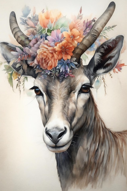 Uma pintura de uma cabra com uma coroa de flores na cabeça.