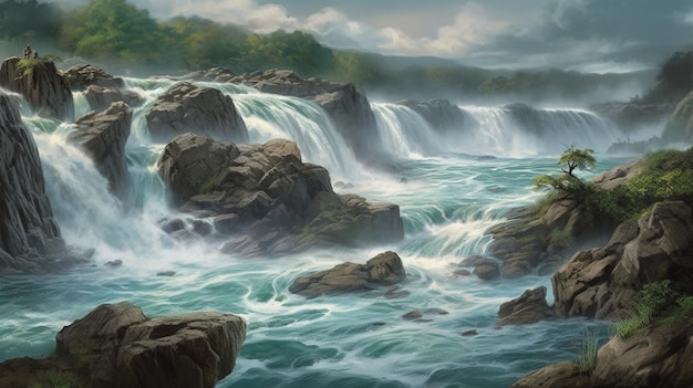 Uma pintura de uma cachoeira com as palavras "o rio" no fundo.