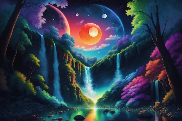 Uma pintura de uma cachoeira com o planeta e a lua acima dela.