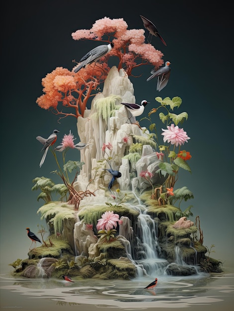 Uma pintura de uma cachoeira com pássaros e flores nela