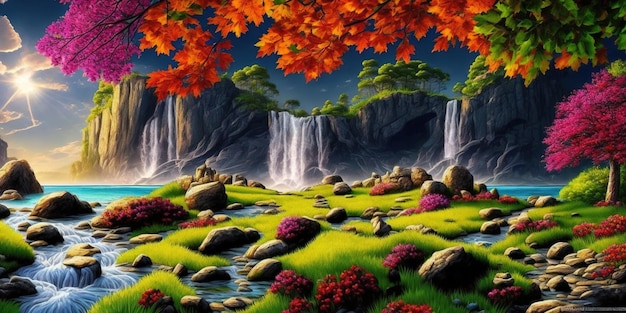 Uma pintura de uma cachoeira com uma árvore de bordo vermelho em primeiro plano.