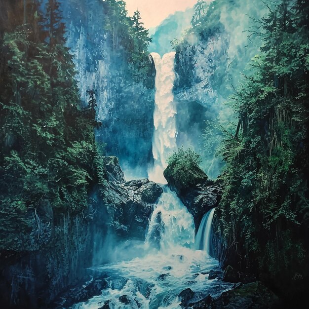 uma pintura de uma cachoeira com uma cachoeeira no fundo