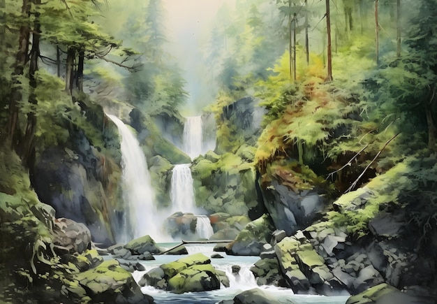 Uma pintura de uma cachoeira com uma cachoeira ao fundo.