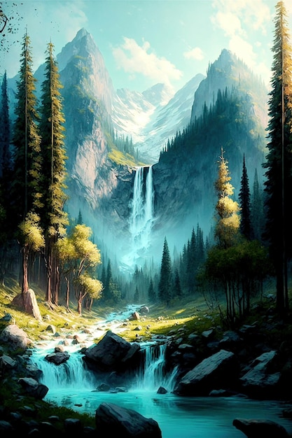 Uma pintura de uma cachoeira com uma montanha ao fundo