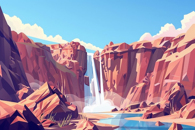 uma pintura de uma cachoeira e montanhas ao fundo