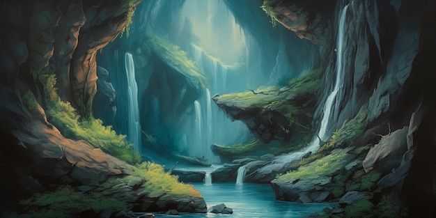 Uma pintura de uma cachoeira em uma caverna.