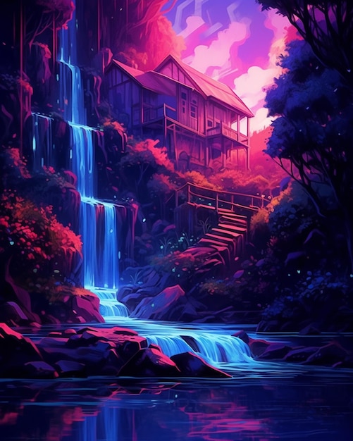 Uma pintura de uma cachoeira em uma floresta com uma casa ao fundo ai generativa