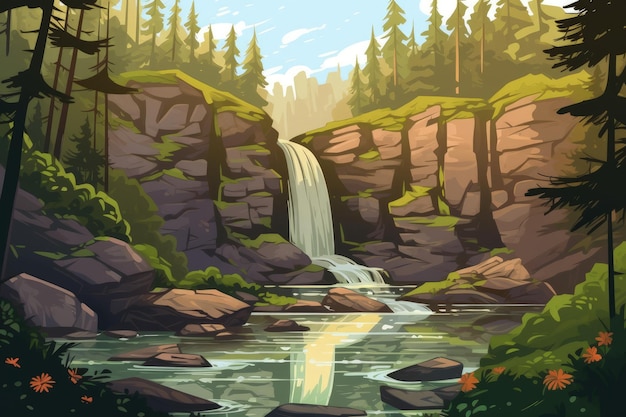 Uma pintura de uma cachoeira em uma IA geradora de floresta