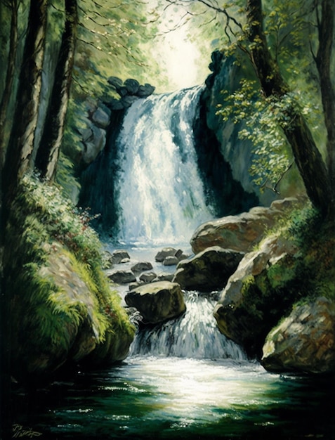 Uma pintura de uma cachoeira na floresta com a palavra cachoeira nela.
