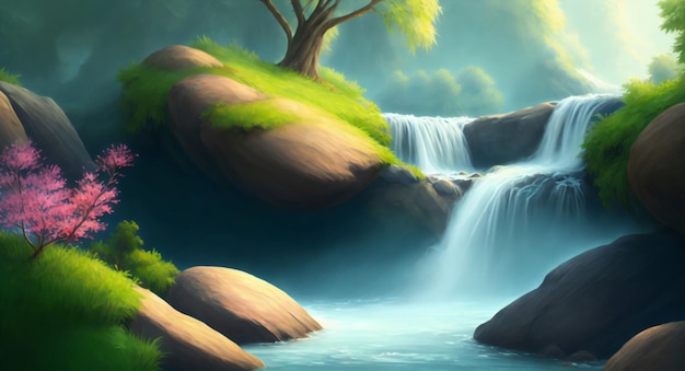 Uma pintura de uma cachoeira na floresta