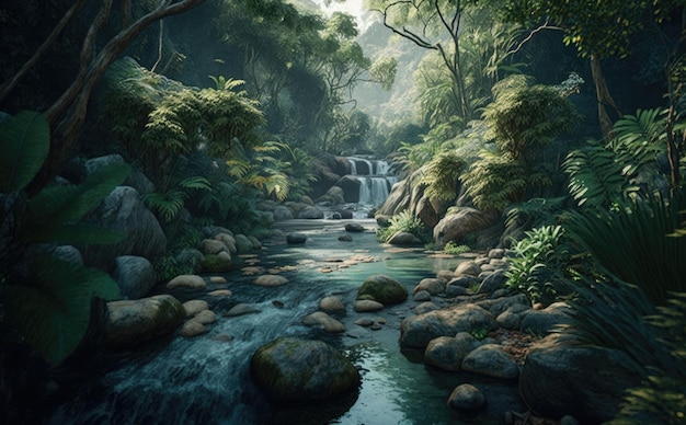 Uma pintura de uma cachoeira na selva