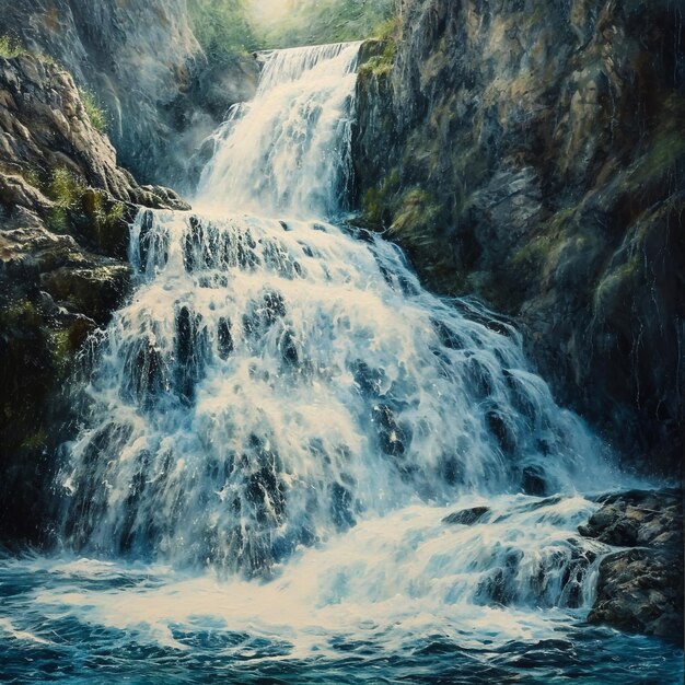 uma pintura de uma cachoeira que é água caindo para baixo