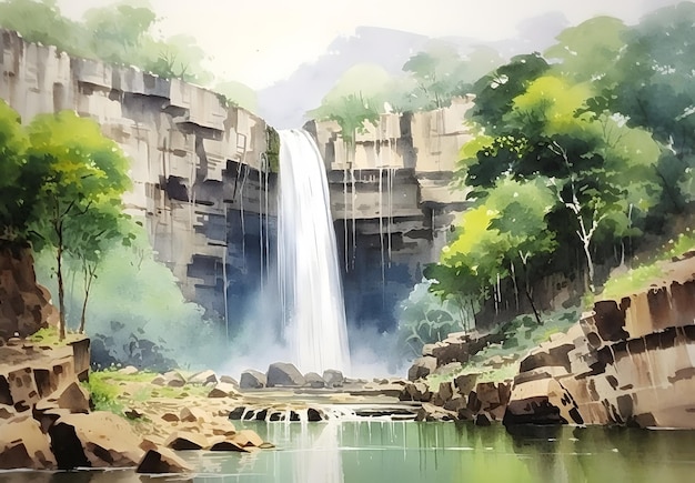 Uma pintura de uma cachoeira que é pintada na água.