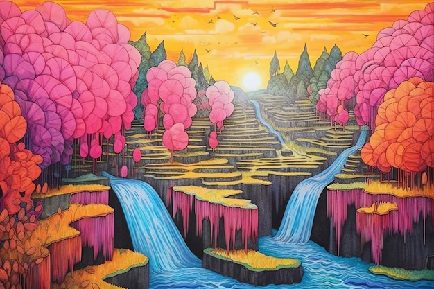 Uma pintura de uma cachoeira rosa com o sol se pondo atrás dela.