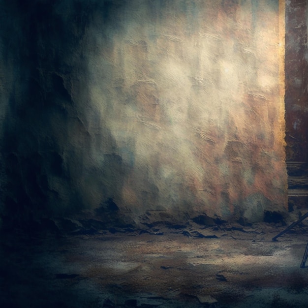 Uma pintura de uma cadeira em um quarto escuro com uma luz na parede.