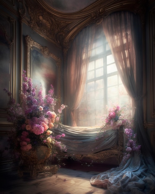 Uma pintura de uma cama com flores na janela