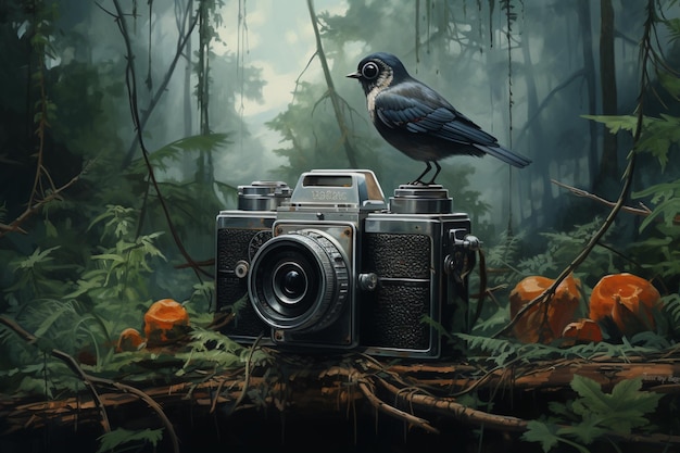 Uma pintura de uma câmera cercada por uma floresta e pássaros