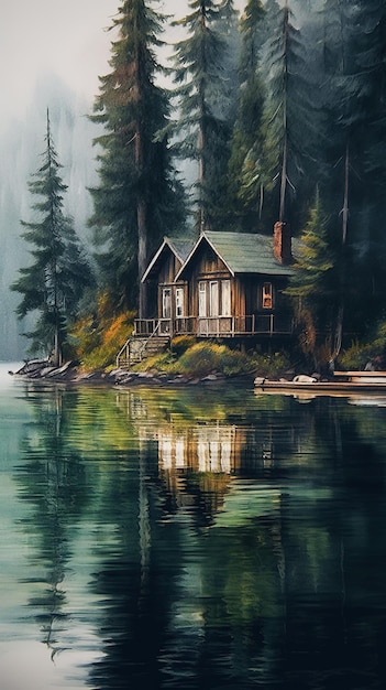 Uma pintura de uma casa à beira da água