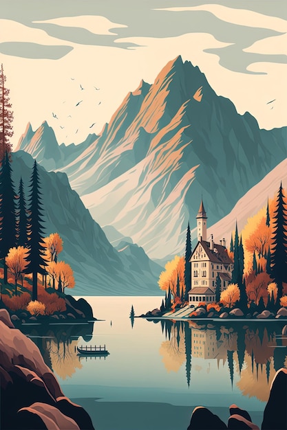 Uma pintura de uma casa à beira do lago com uma montanha ao fundo.