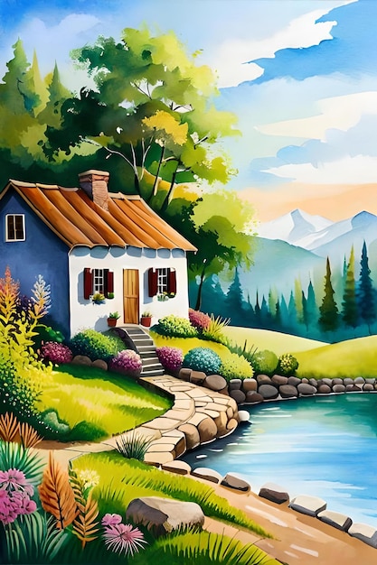 Uma pintura de uma casa à beira do lago