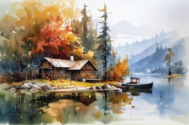 Uma pintura de uma casa à beira do lago