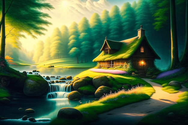 Uma pintura de uma casa à beira do rio