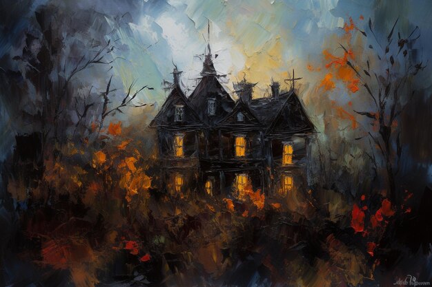 Uma pintura de uma casa assombrada com as luzes acesas.