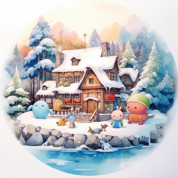 Uma pintura de uma casa com telhado coberto de neve e um personagem de desenho animado com um chapéu verde.