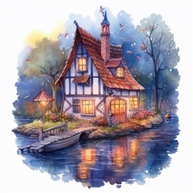 uma pintura de uma casa com um barco na água generativa ai