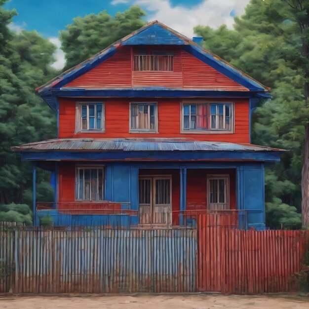 Uma pintura de uma casa com um fundo vermelho e azul