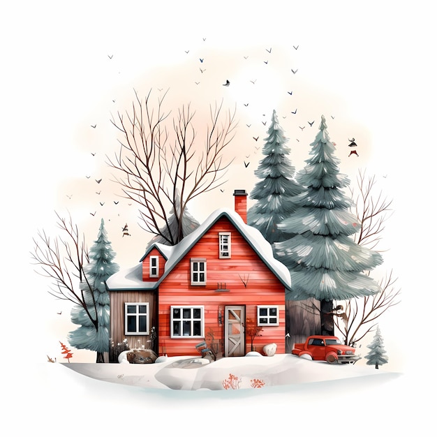 Uma pintura de uma casa com um telhado vermelho e um telhado coberto de neve.