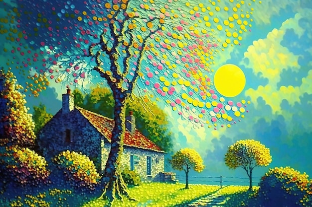 Uma pintura de uma casa com uma árvore em primeiro plano e o sol atrás dela.